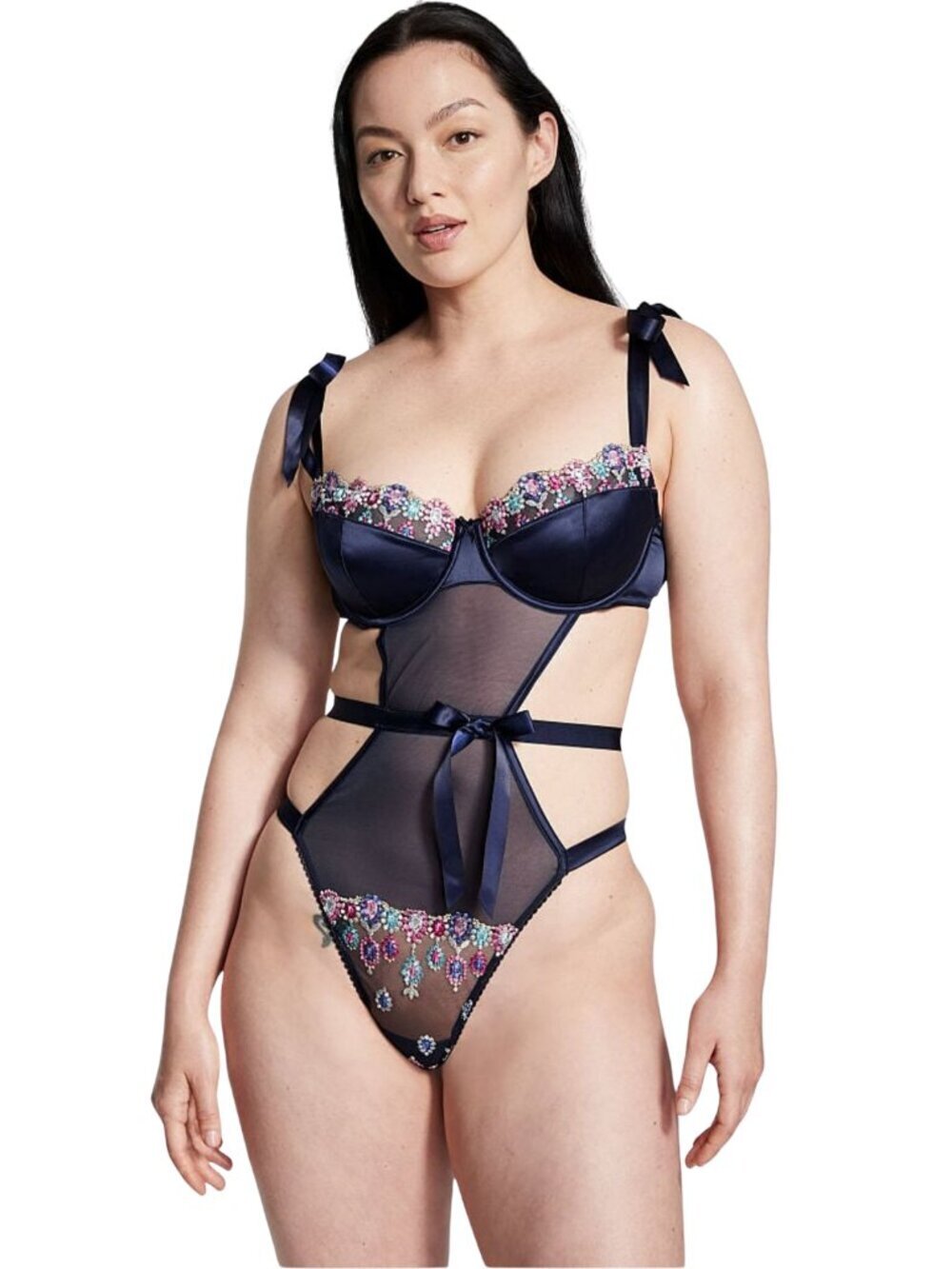 Victoria's Secret Wicked Embroidery Bodysuit Noir Navy Blue - Large